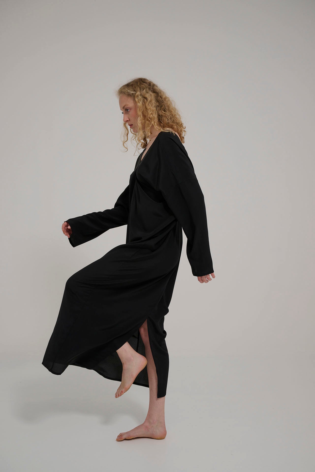 black silk tunic dress Washable Stretch Silk Shirt Dress in Black