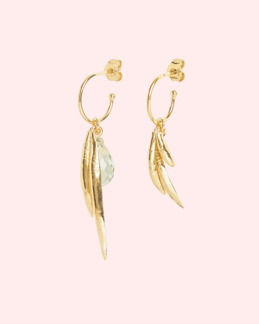 Asymmetric hoops with leaf and green amethyst