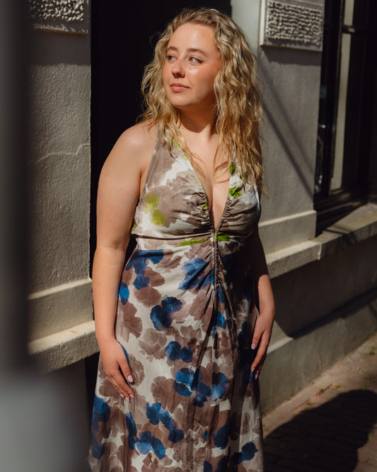 dress DAFINA YELLOW BLUE BROWN HIBISCUS