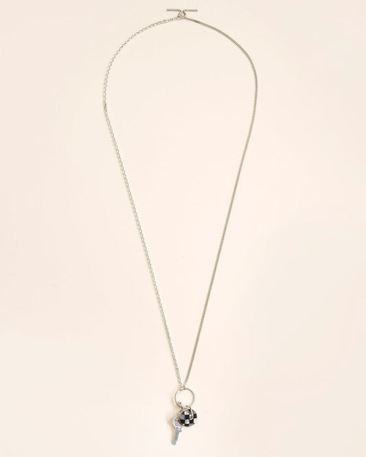 Long/short necklace with key, mosaic and T-clasp in silver