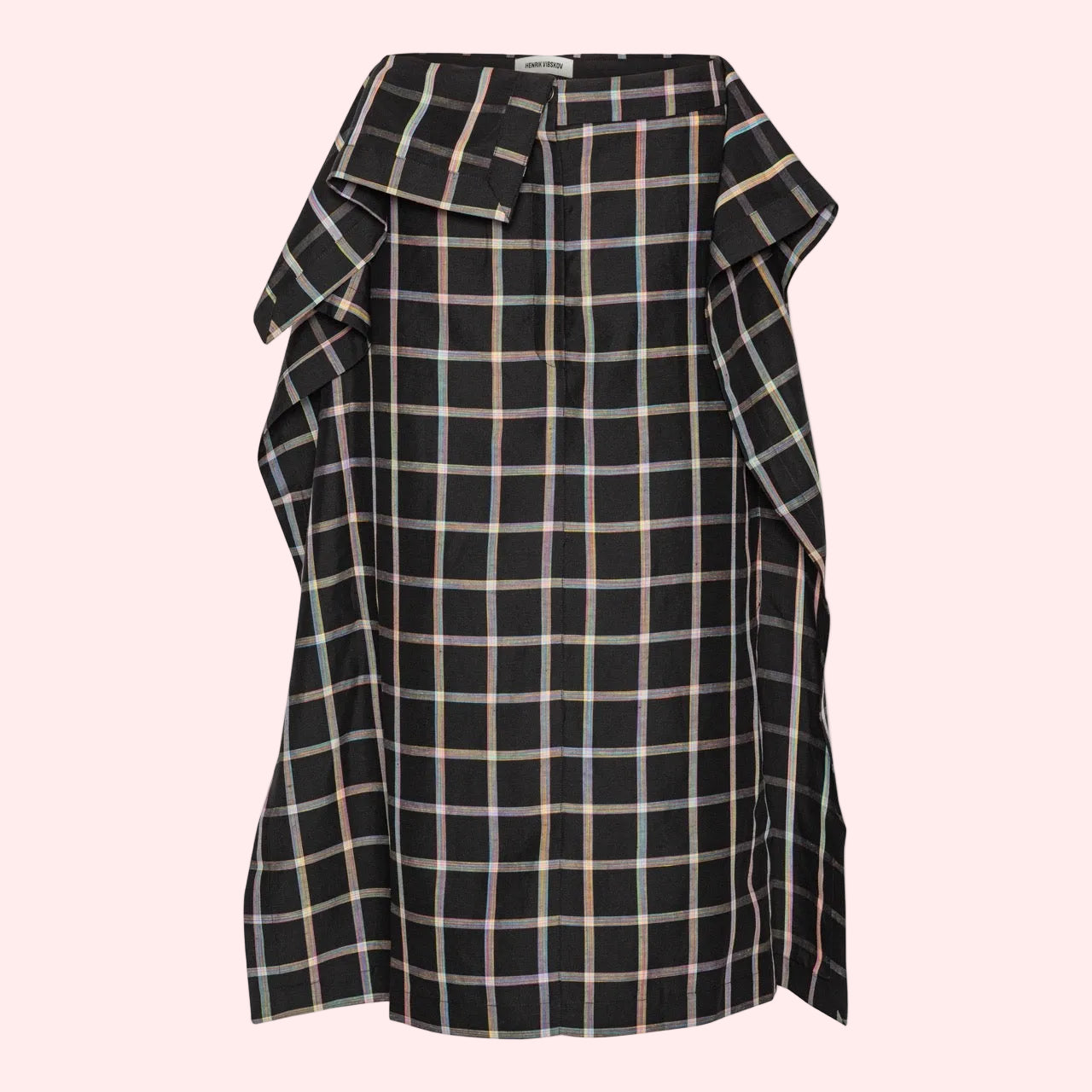 Black and rainbow plaid skirt with ruffled details 