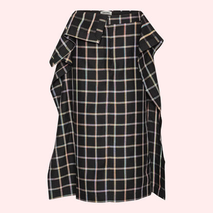 Black and rainbow plaid skirt with ruffled details 