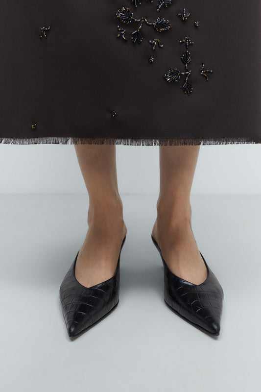 LEATHER POINTY MULE CROCODILE BLACK