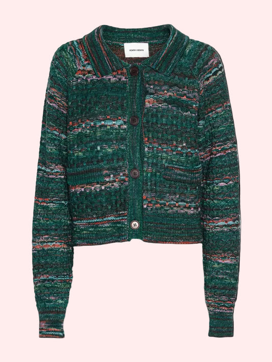 A dark green textured knit cardigan sweater with multicolored marled accents in red, orange, and blue, featuring a button-up front and a white brand label at the collar.
