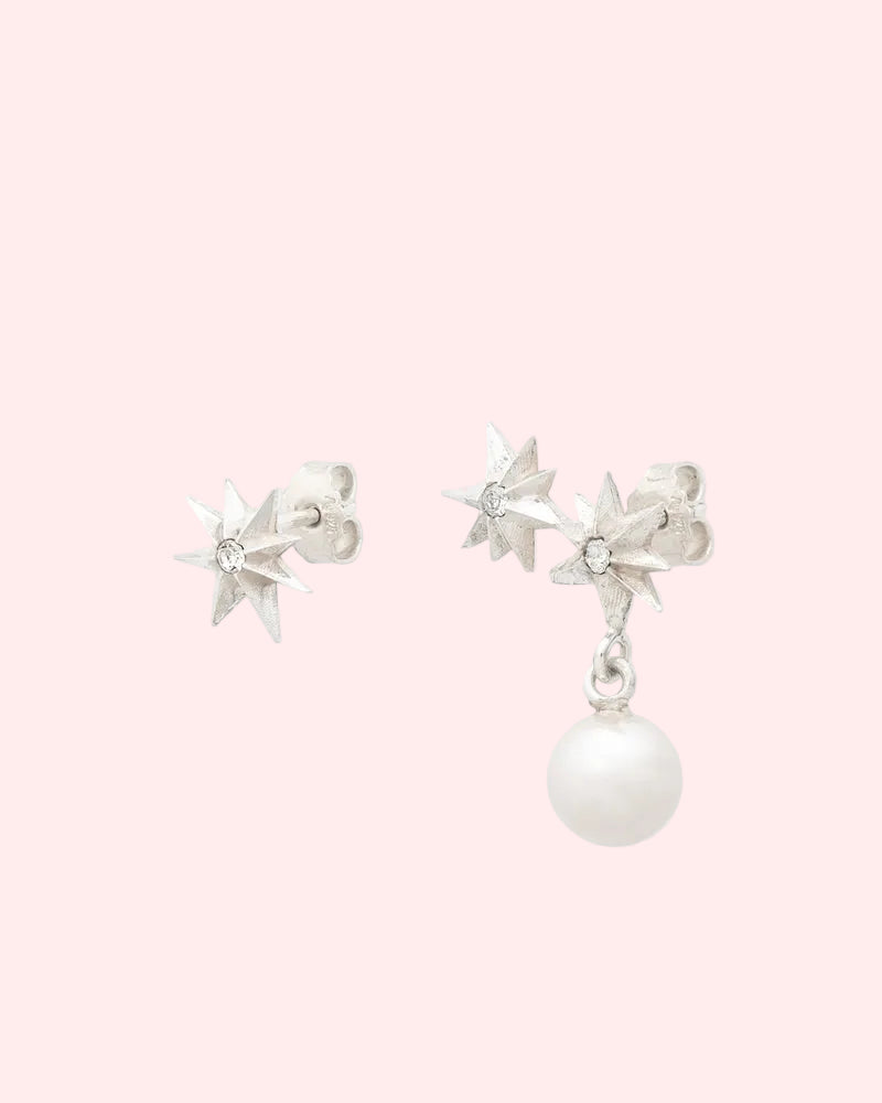 Star stud earrings with crystal and dangling pearl