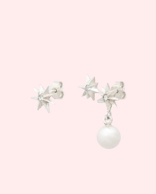 Star stud earrings with crystal and dangling pearl