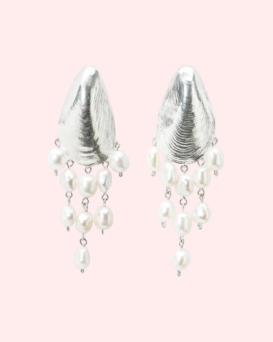 Statement mussel stud earrings with dangling freshwater pearls