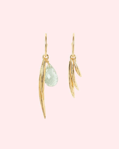 Asymmetric hoops with leaf and green amethyst