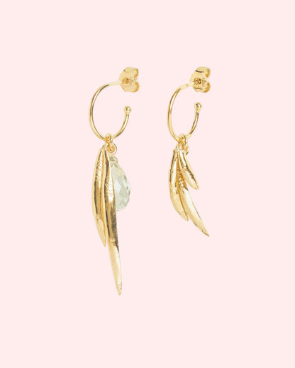 Asymmetric hoops with leaf and green amethyst