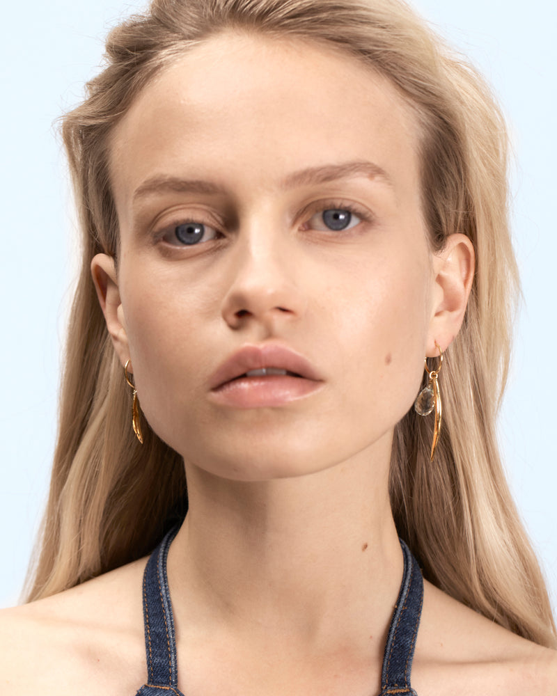 Asymmetric hoops with leaf and green amethyst