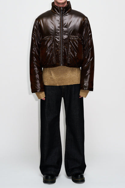 Box jacket shiny brown nylon