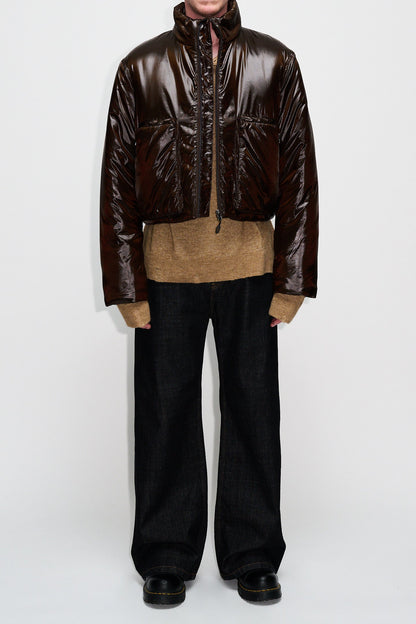 Box jacket shiny brown nylon