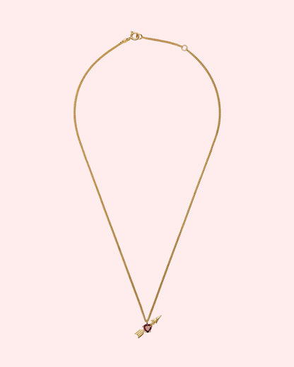 Necklace with heart-shaped garnet and arrow pendant