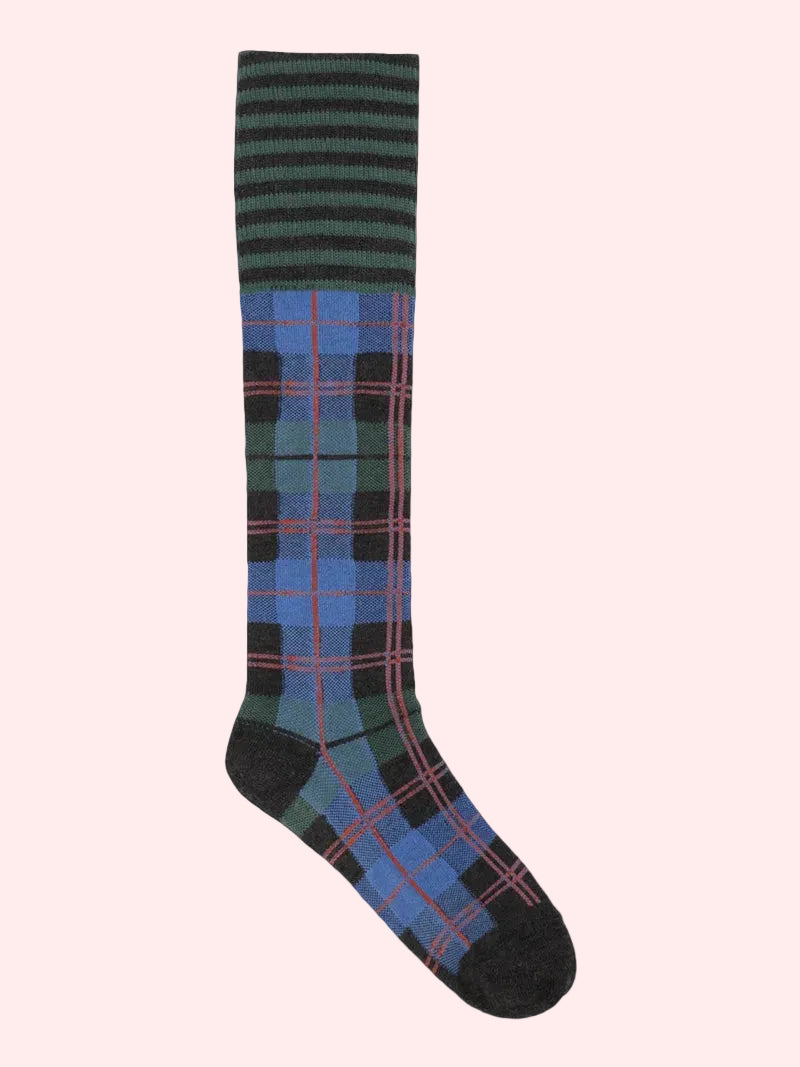A single knee-high sock with a striped dark green cuff and a blue, green, black, and red tartan plaid body.