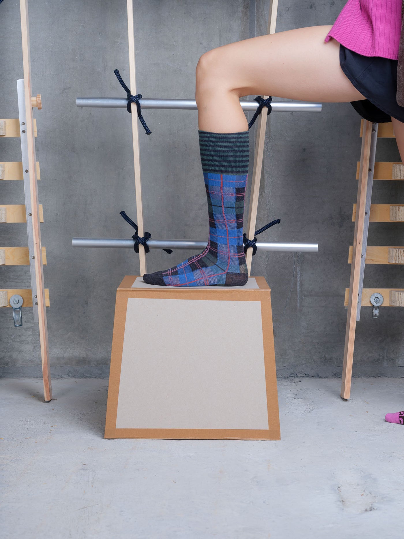 Ribbit Knee Femme Sock Green Blue Dashed Checks