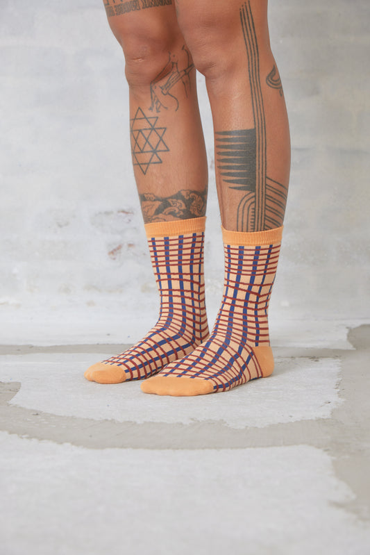 femme socks Loose grid orange brown grid
