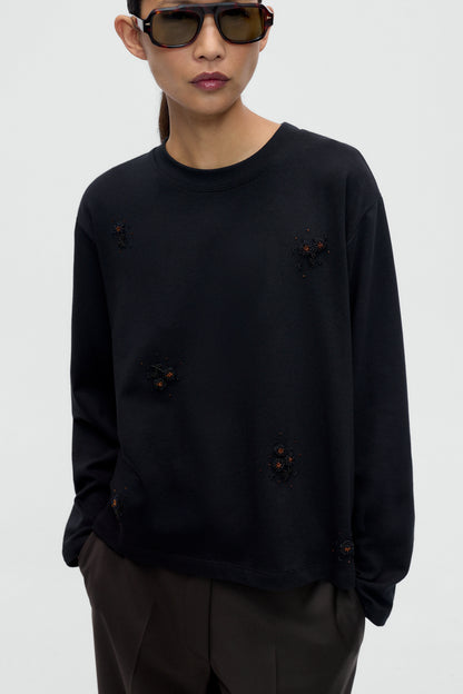 EMBELLISHED LONG-SLEEVE TEE Black