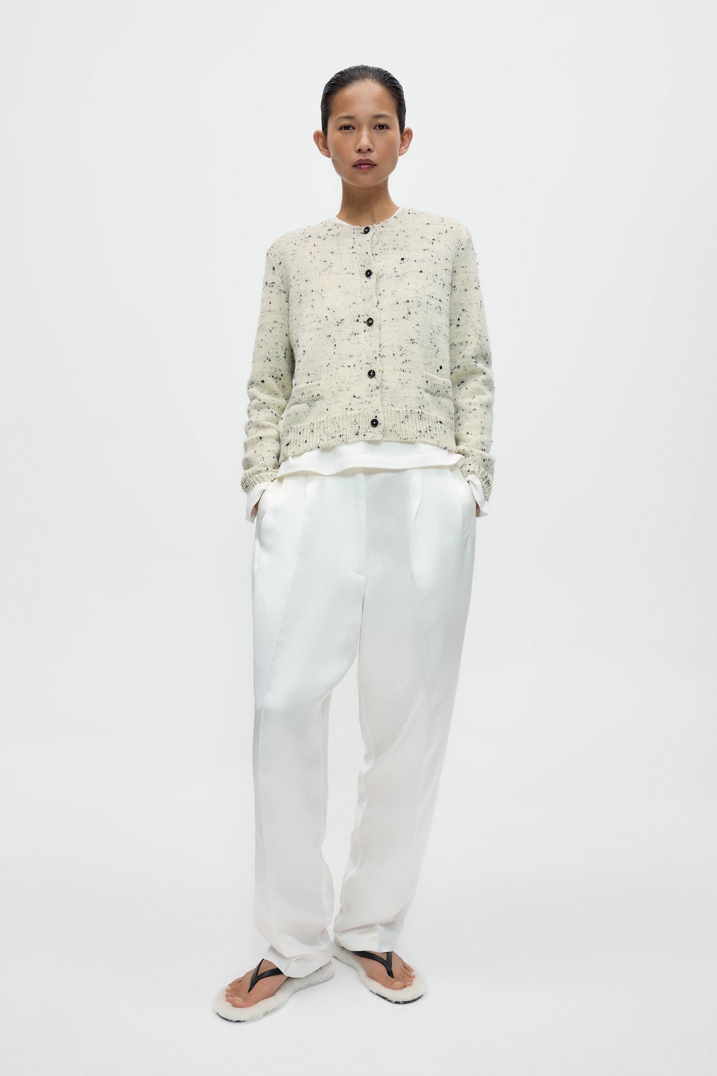 MERINO WOOL FLECKED CARDIGAN Natural