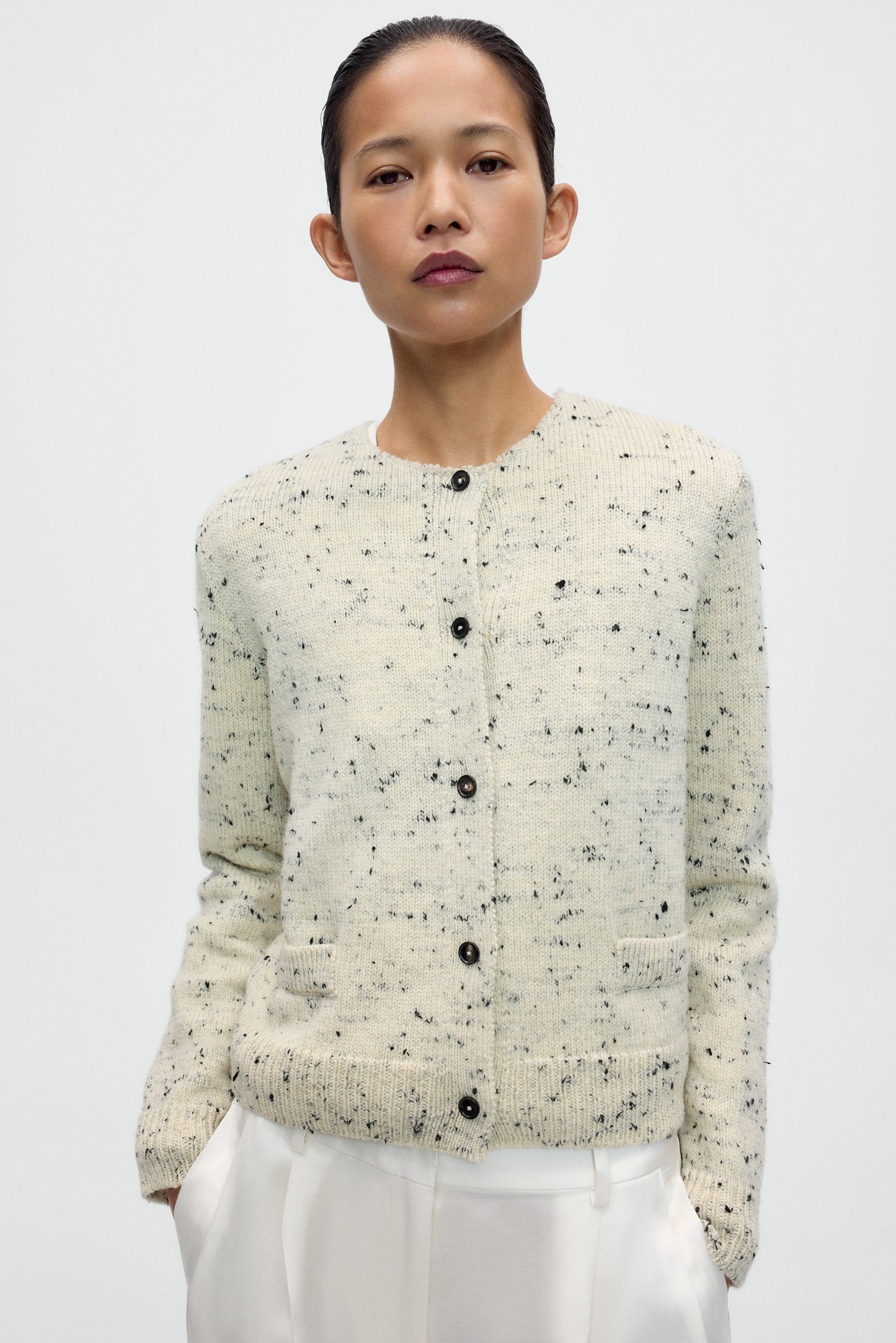 MERINO WOOL FLECKED CARDIGAN Natural