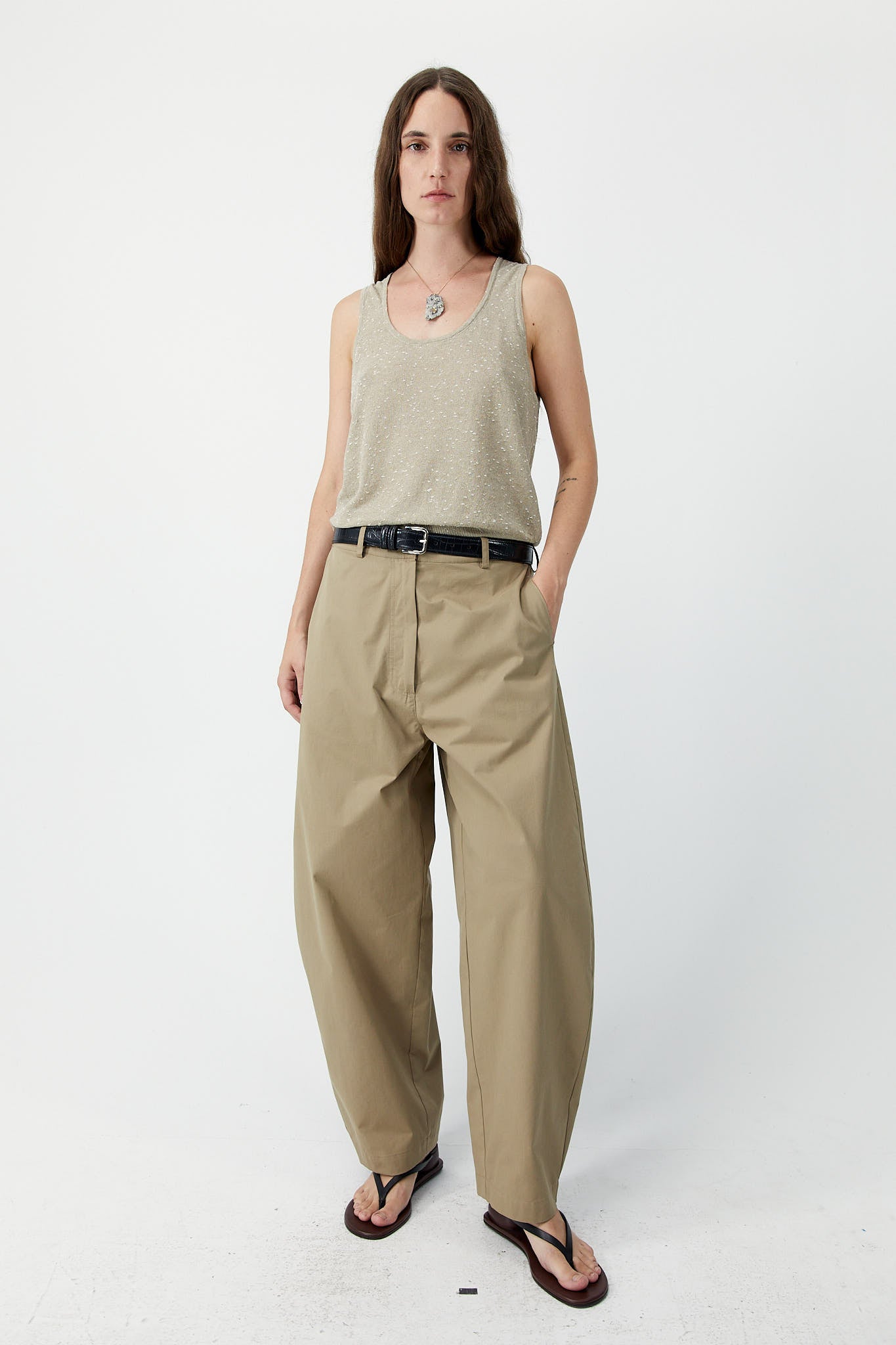 COTTON CURVED PANTS Camel