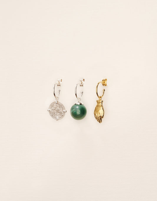 Trio of hoops with coin, hand and green agate ball in silver