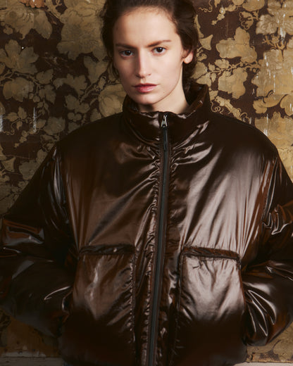 Box jacket shiny brown nylon